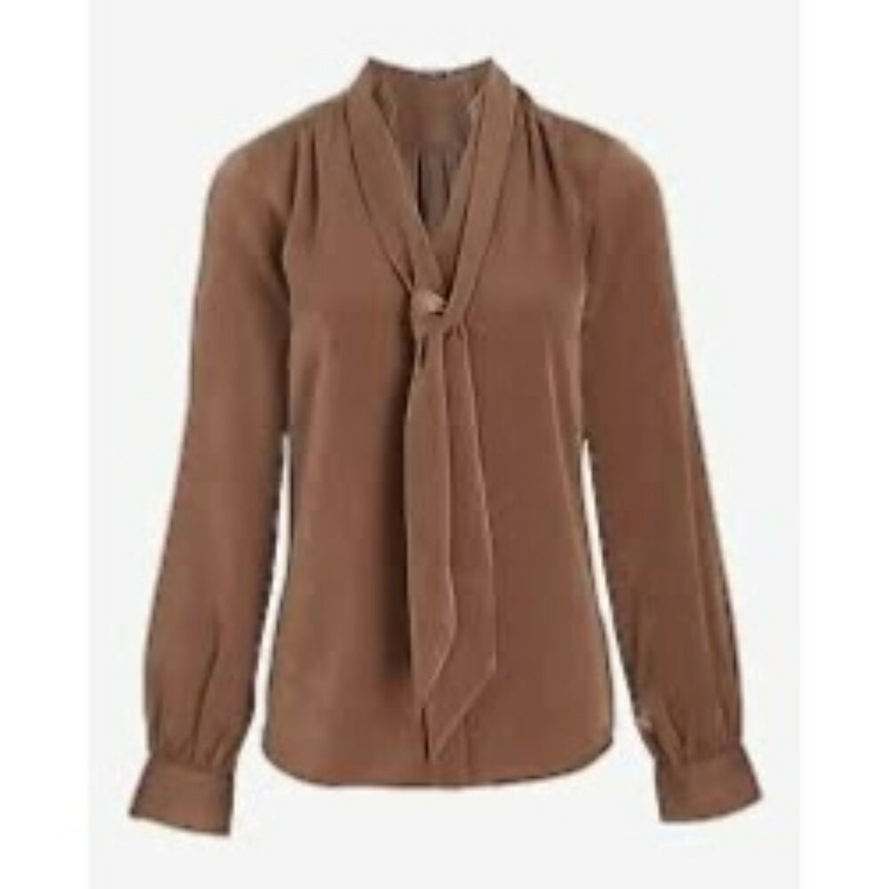 Express Portofina Brown Tie-Neck  Blouse With Long Sleeves & Button Cuffs For Wo